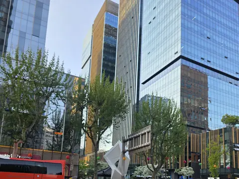 Tree-lined street with glass office buildings in Jongno in the late afternoon